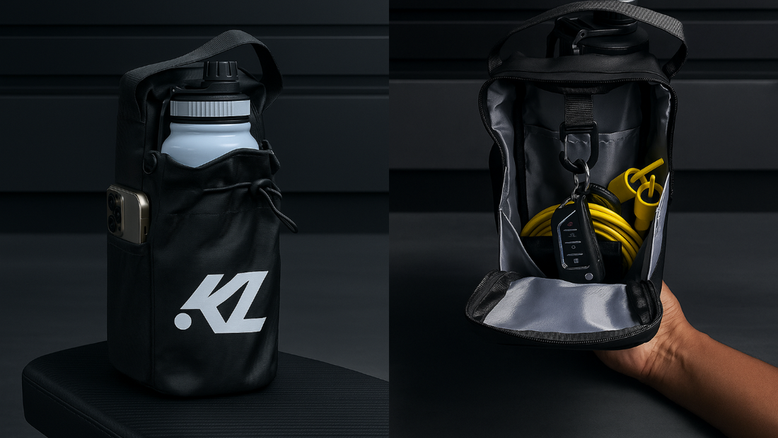 Magnetic Gym Bag color Negro de poliéster llevando un termo y pertenencias al gym