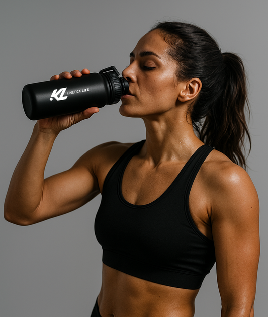 Mujer Fitness bebiendo agua de la botella térmica Kinética color negro mate.
